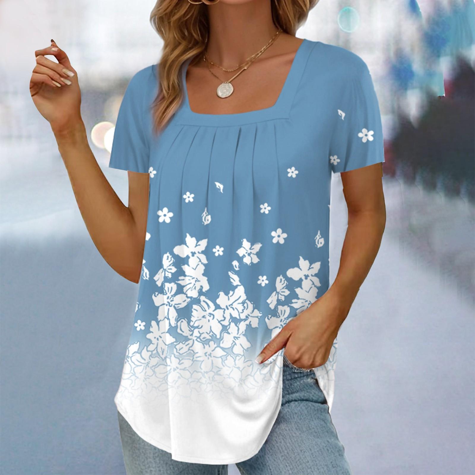 

Женская модная свободная футболка с квадратным вырезом и цветочным принтом, плиссированная футболка с короткими рукавами, летний повседневный пуловер, топ XL синий