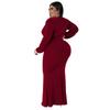 Plus Size Black Deep V Neck Long Sleeve Ruched Bodycon Maxi Dress
