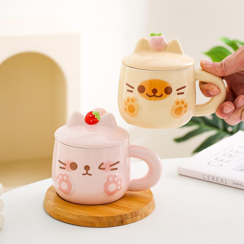 Cute Cat Ceramic Mug Couple Cup with Lid Spoon Coffee Cup Gift Bestie Cup Practical Birthday Gift
