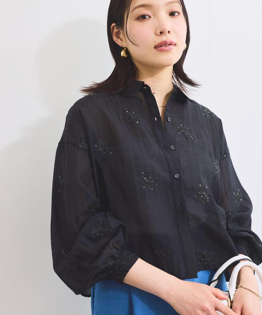 Blouse Floral Embroidered Shiny Sheer Blouse for Black [BIS] [WEB Exclusive] Women, (02)