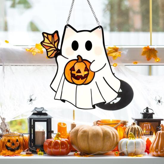 Halloween Cute Ghost Suncatcher Stained Glass Style Acrylic Window Hanging Ghost Light Catcher for Window Wall Decor