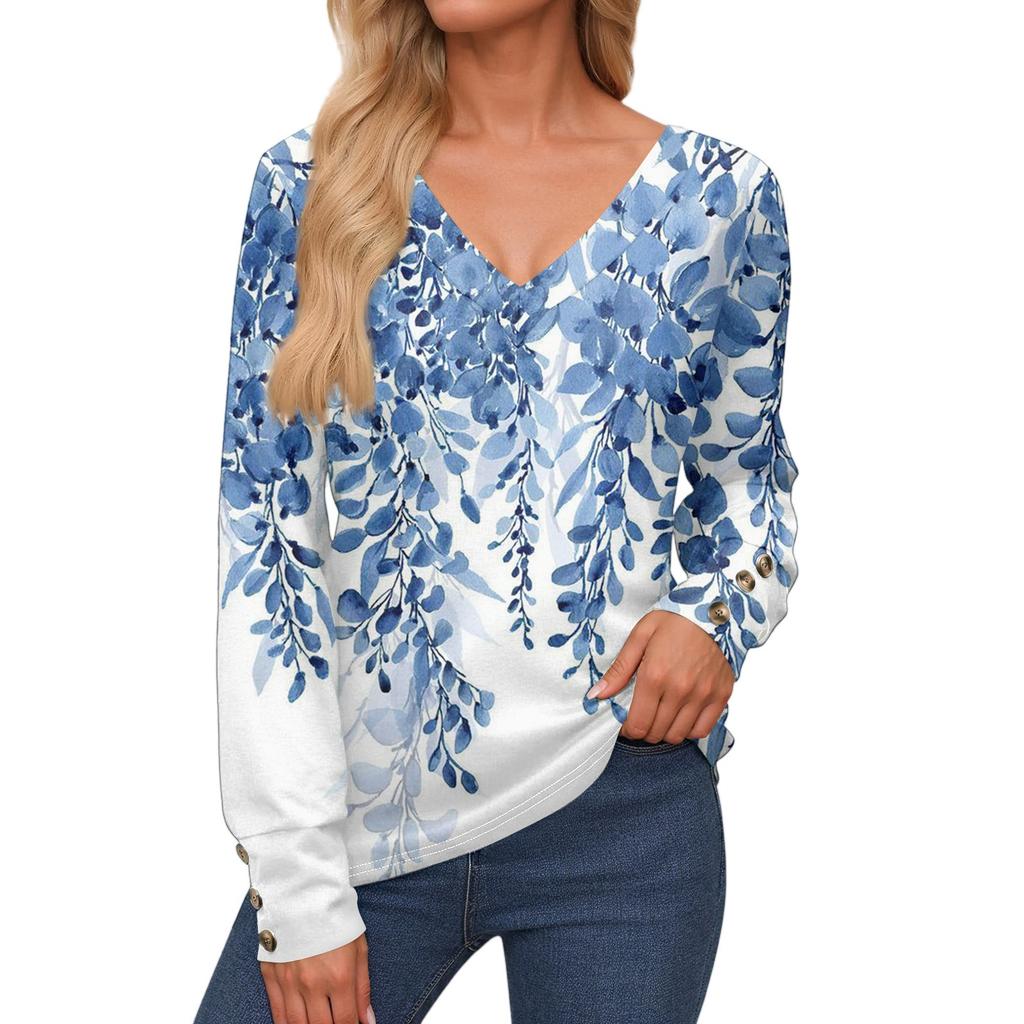 Damenoberteile Langarmmanschetten Button-Up-Hemd V-Ausschnitt Lässiges Lockeres T-Shirt Blumenoberteile