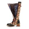 Johnature Handpainted Genuine Leather Women Long Boots Retro Floral Lace Up Belt Buckle Mid-calf Boots