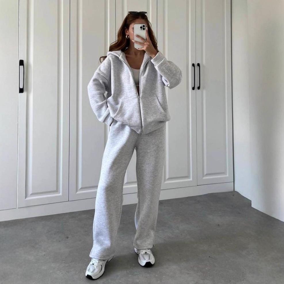 Europe, America, cross-border, women's clothing 2025 new fashion casual suit solid color long-sleeved sweater zipper trousers two-piece set