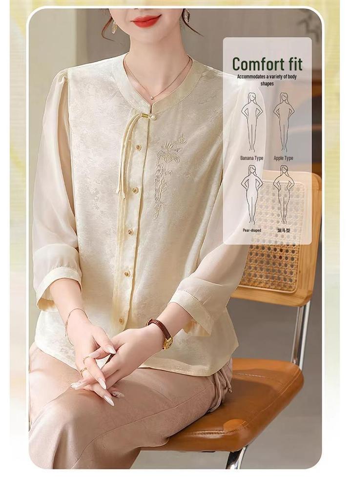 Mom's Spring Seven-Sleeve Cardigan: New 2026 Chinese National Style Round Neck Shirt for Middle-Aged & Elderly Women