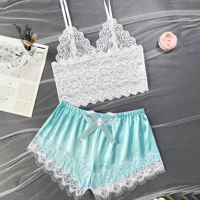 

Женская сексуальная кружевная одежда для сна, кружевное нижнее белье Nachtkleding, без рукавов с v-образным вырезом, пижамный комплект Babydoll, комплект нижнего белья, топы и шорты, комплект ночного белья S