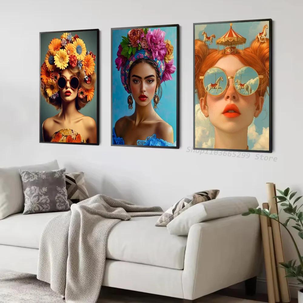 Nordic Bohemian Glasses Woman with Flowers Canvas Poster Bird Woman Portrait Wall Art Prints for Living Room Bedroom Home Decor