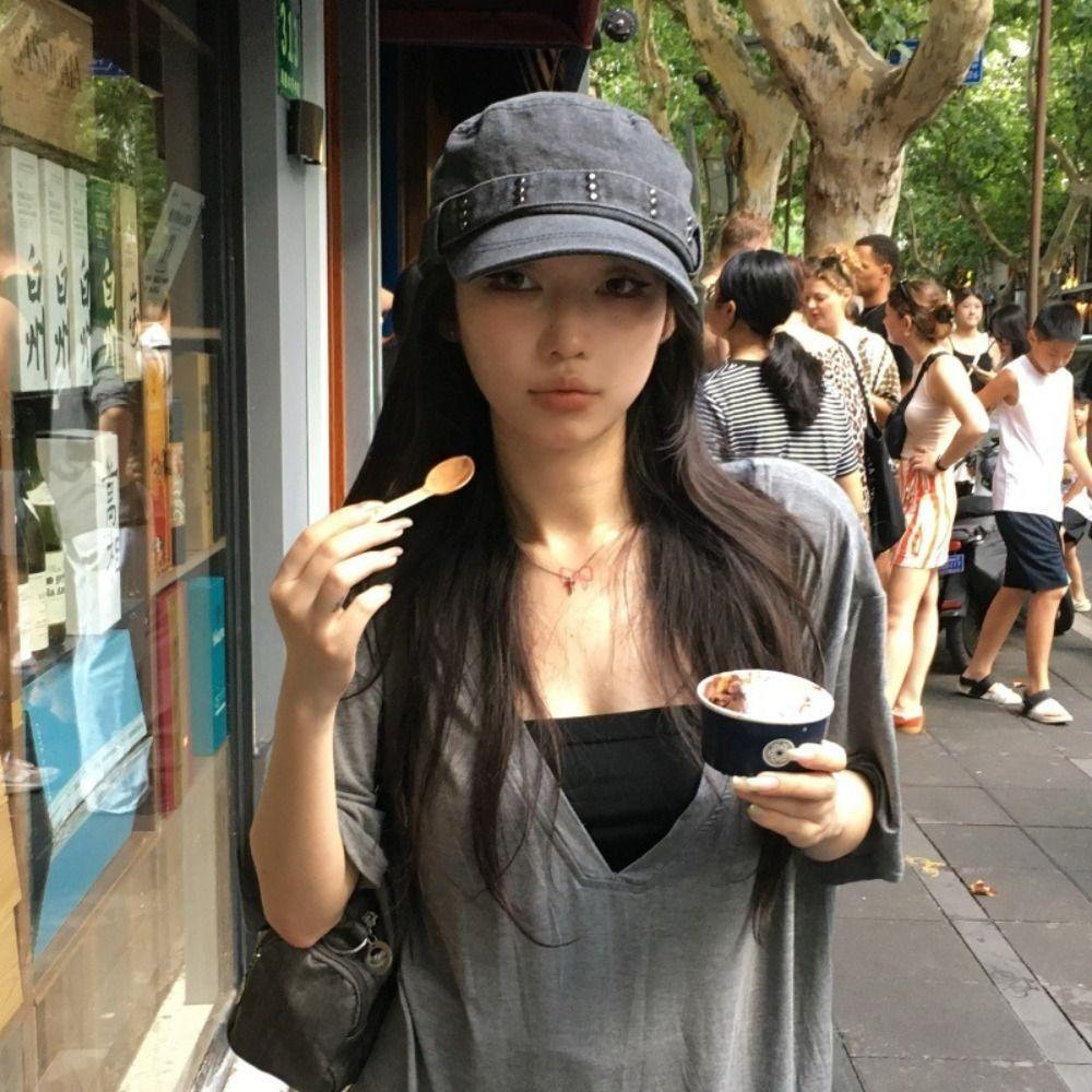 Washed Denim Peaked Cap Y2k Cadet Cap Fashion Flat Top Hat Men Women