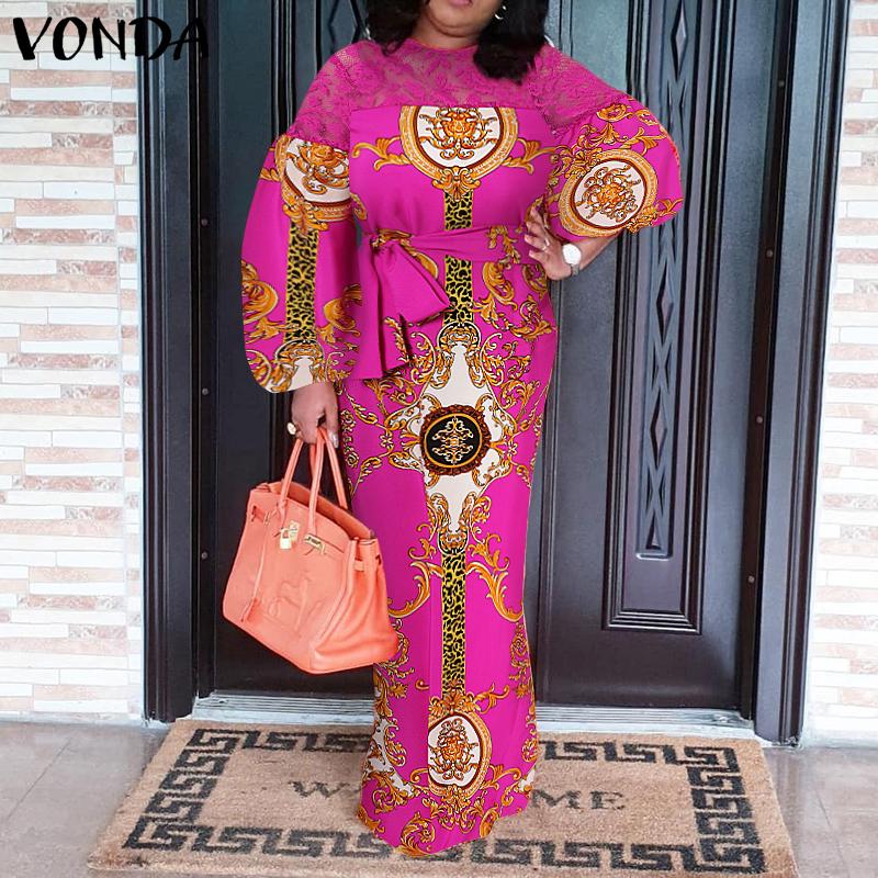 

VONDA весеннее женское кружевное лоскутное длинное платье с круглым вырезом и шнуровкой