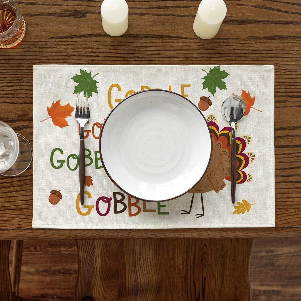 Artoid Mode Turkey Gobble Thanksgiving Placemats Set of 4, 12x18 Inch Maple Leaves Fall Table Mats for Outdoor Home Party Kitchen Dining Decoration