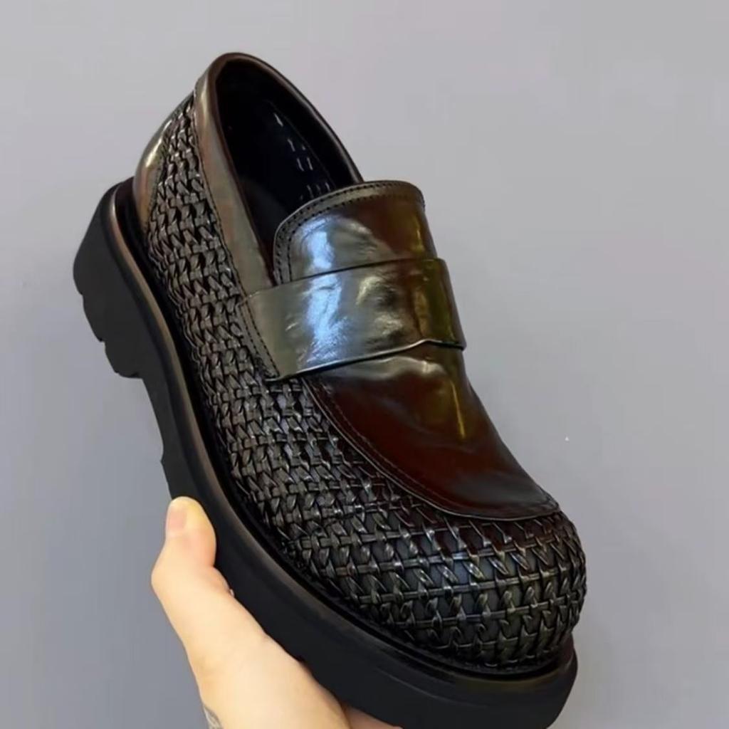 Leather Shoes Men's Summer New Hollow Breathable Woven Leather Business Platform Casual Shoes One Pedal