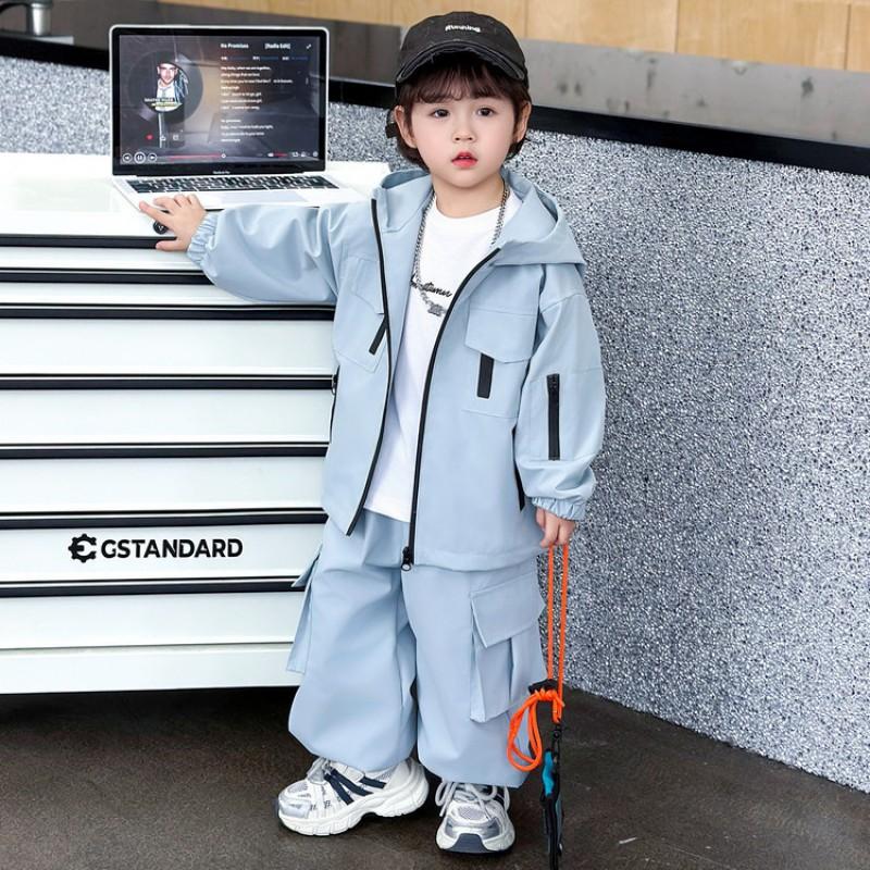 Boys Solid Color Utility Suit Set 2026 Kids Sporty Hooded Jacket Pants Two-Piece Outfit Ages 3-8