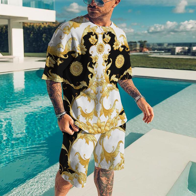 Summer Quick Drying Men's Sports Set 2-Piece 3D Printing Gold Line Black Set European Luxury Style Men's T-shirt+Beach Pants