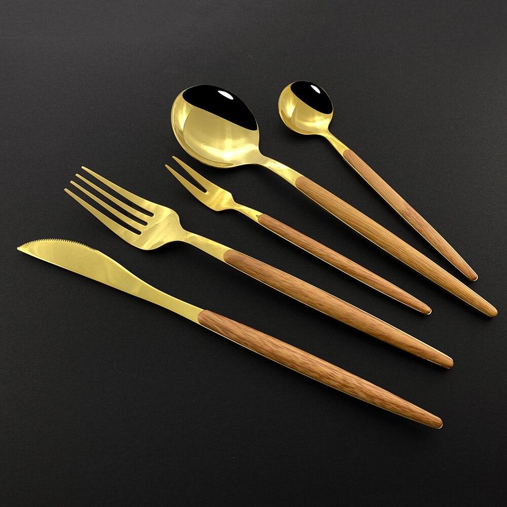 1/4/5 шт. зеркало золото нержавеющая сталь деревянная ручка набор столовой посуды набор — фото 2