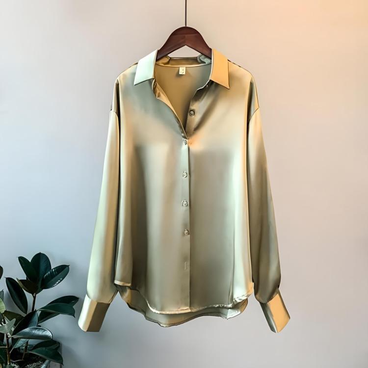 Blouse Satin Loose Button Up Shirt Sleeve Solid Tops Women Ladies Clothing Spring Autumn Fashion L зелёный
