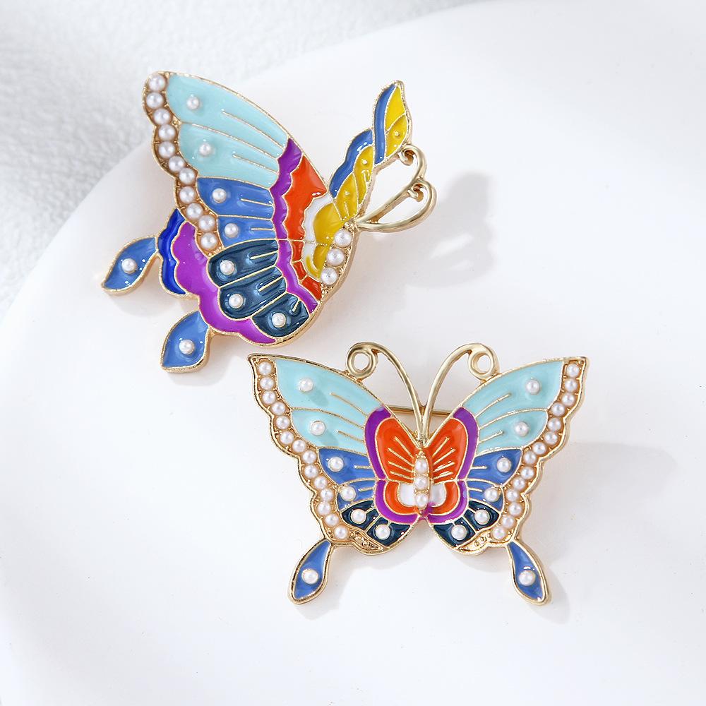 Enamel Butterfly Pearl Brooch Hanbok & Cheongsam Accessory Vintage Drop Oil Couple Pin Holiday Gift Long-lasting Color Accessory