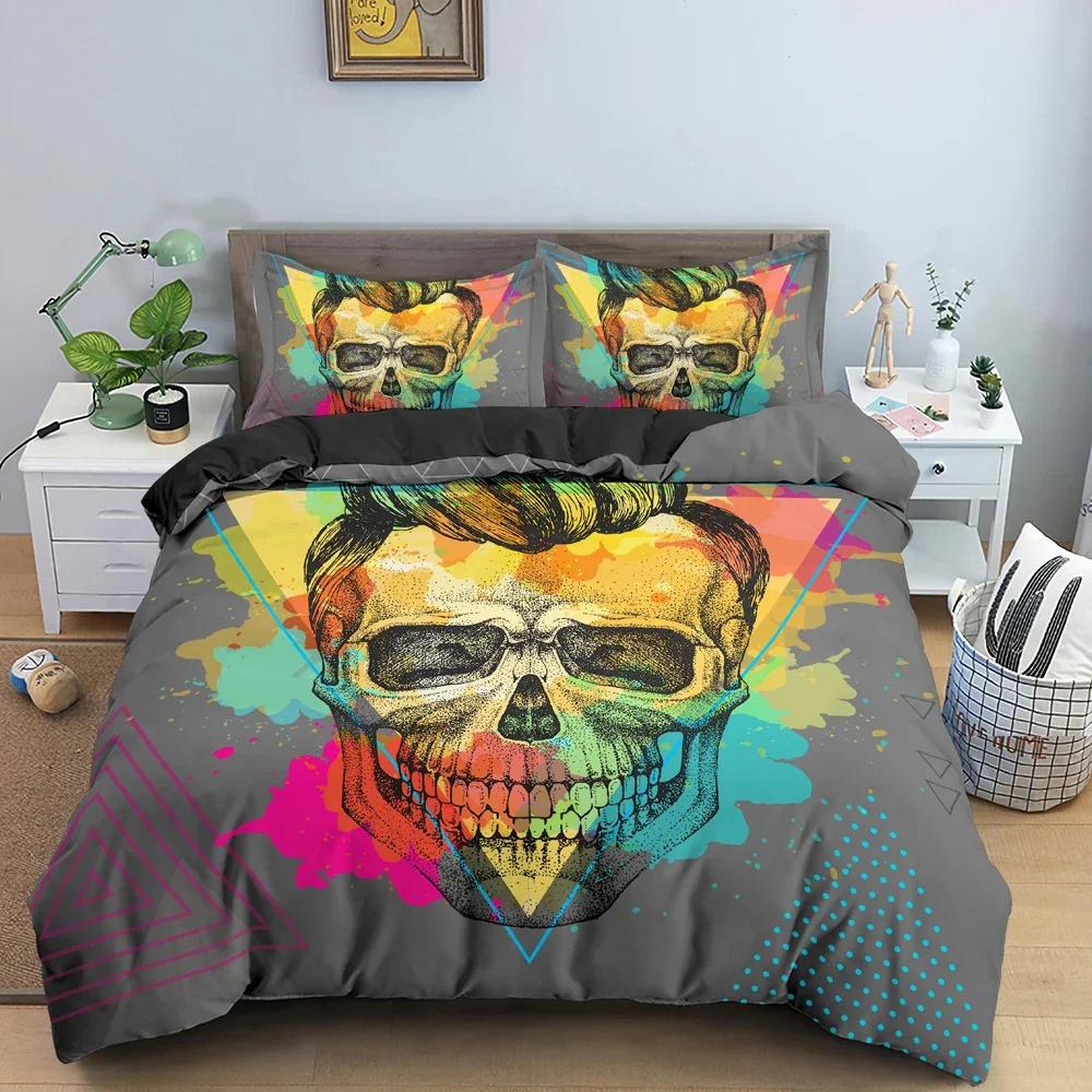 Heißer Stil Weiches Bettwäsche-Set 3D Digital Schädel Druck 2/3-teiliges Bettbezug-Set mit Reißverschluss Einzelbett Twin Doppelbett Full Queen King