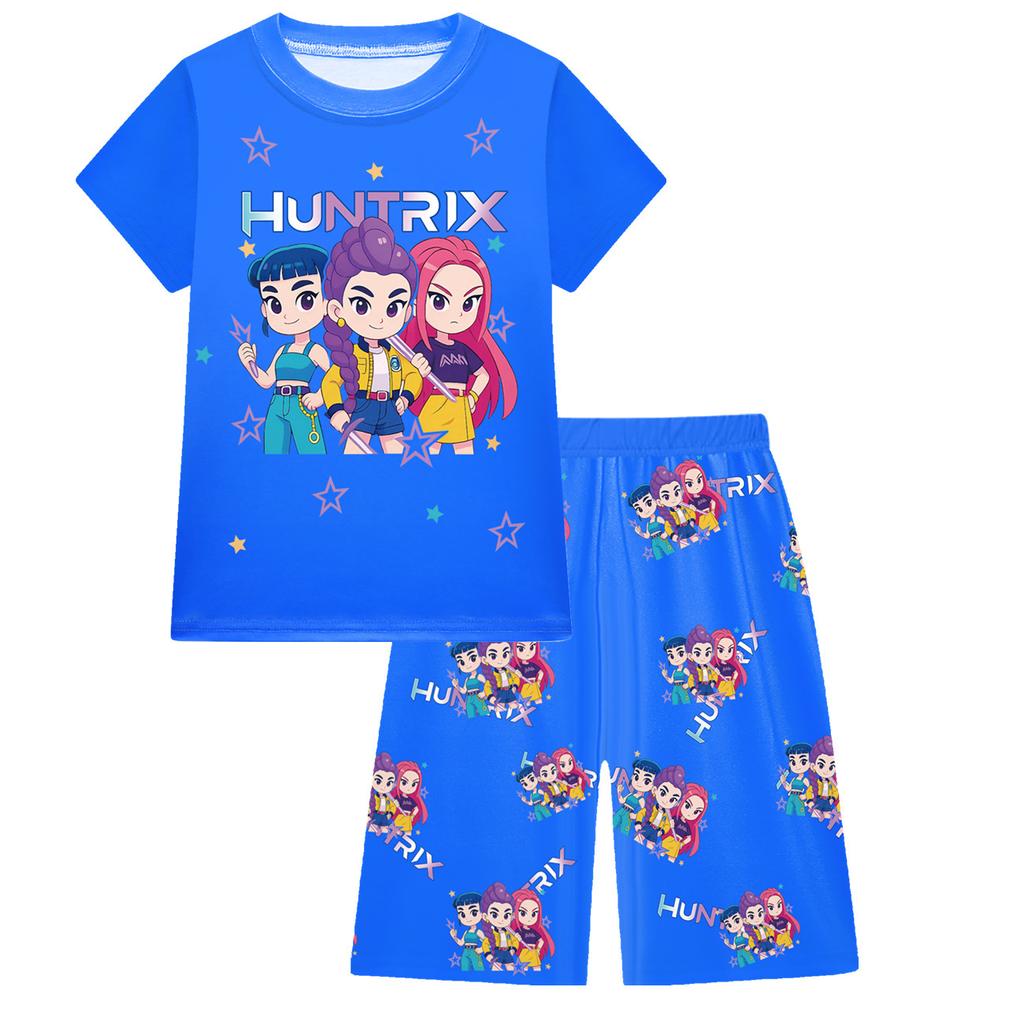 KPOP Mädchen T-Shirt und Hosen Set, Demon Slayer Cartoon, Zweiteiliges Kurzarm- und Shorts-Set für große Kinder