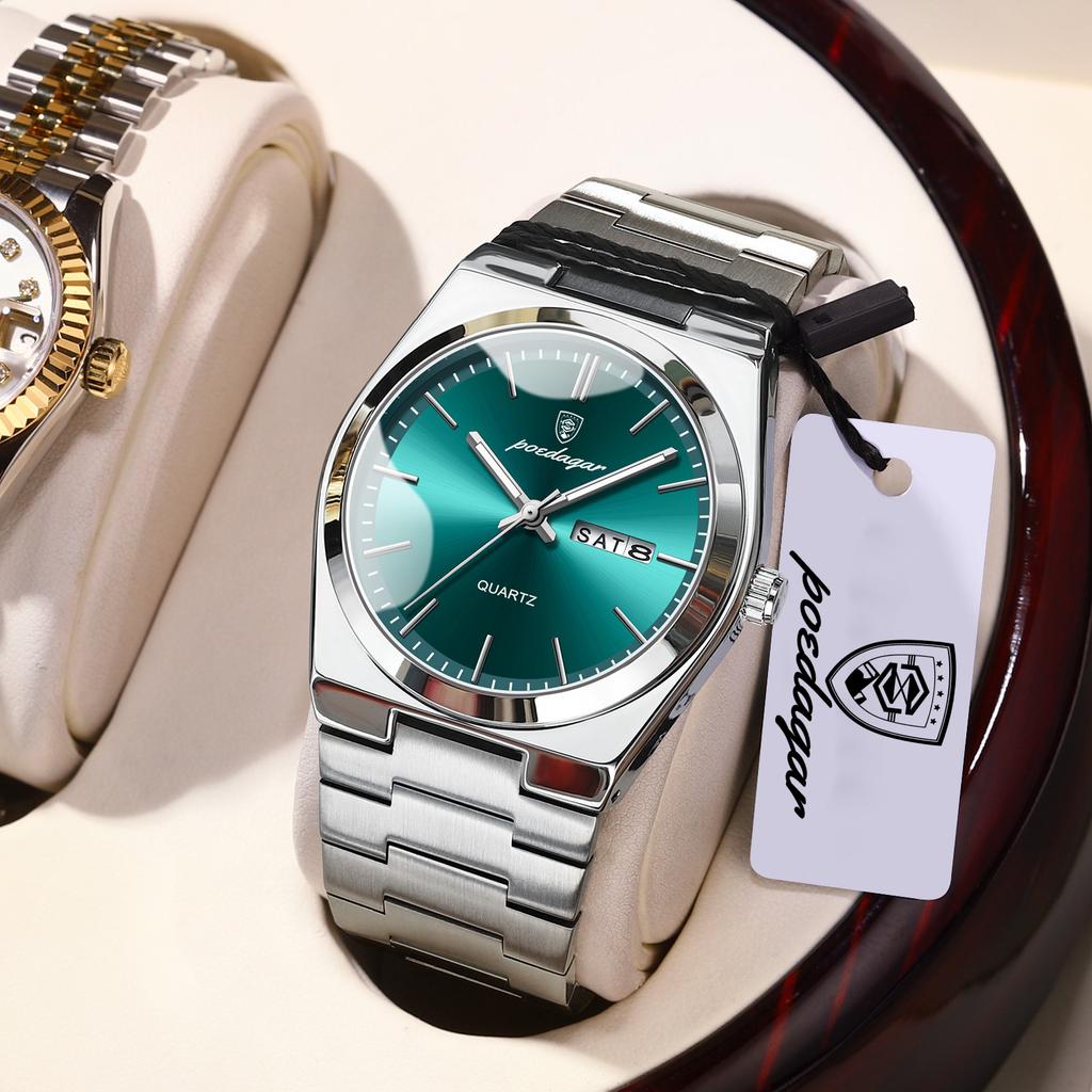 POEDAGAR Exquisite Business Men Watch Stainless Steel Waterproof Luminous Man Wristwatch Date Week Classic Men's Quartz Watches