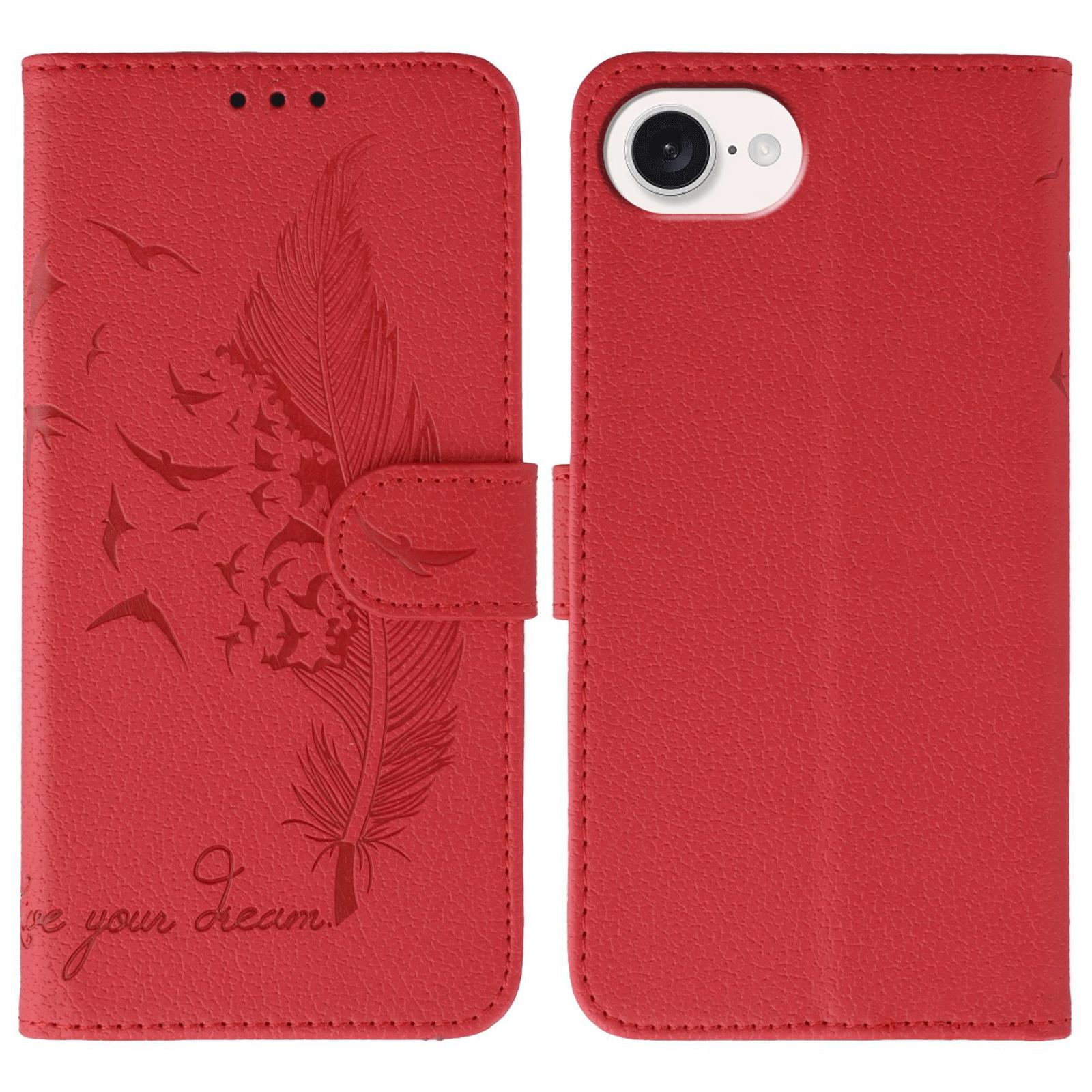 

For iPhone 16e Case Feather Imprint PU Leather Wallet Phone Cover Red