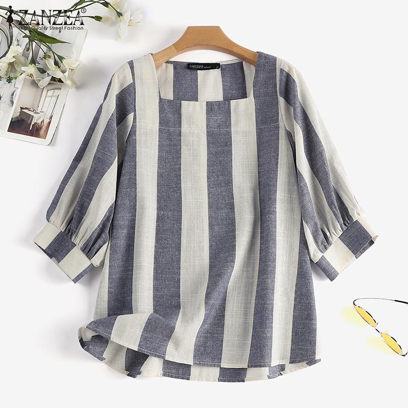 

ZANZEA Летняя свободная повседневная блузка в полоску с квадратным воротником и рукавами 3/4