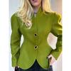 2026 Autumn Women Blazer V Neck Collarless Long Sleeve Hollow Metal Button Cinched Waist Green Tailored Jacket