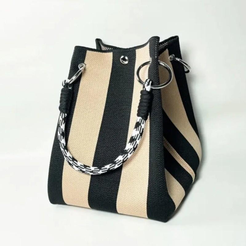 Women's Korean Style Striped Woven Bucket Bag Fashion Fortune Handbag Knitted Tote Shoulder Bag for Vacation Beach Outings