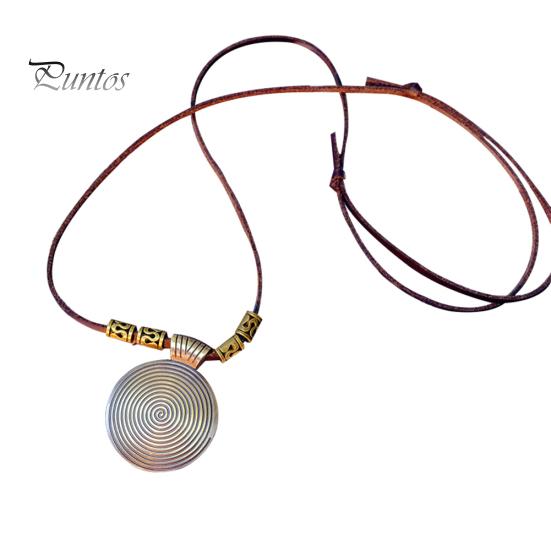 Vintage Women\'s Ethnic Faux Leather Spiral Disc Round Pendant Sweater Necklace