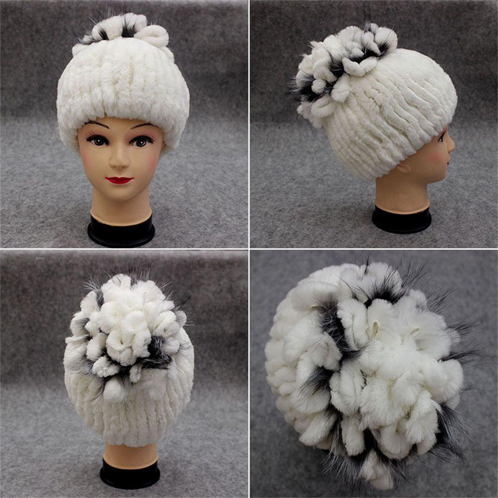 Outdoor Winter Warm Real Fur Beanies Hat Rabbit Fur Cap Knitted Real Rex Rabbit Fur Hats Elastic