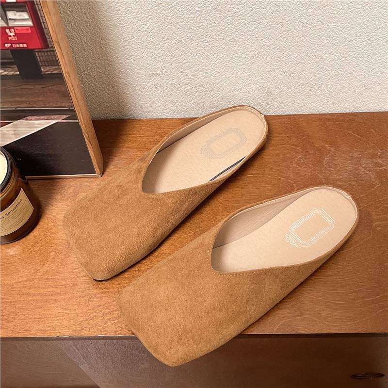 Retro Square Head Half Slippers Women's New Spring and Summer Suede Bag Head Soft Sole Flat Heel Slippers Flat Heel Shoes Large Size Shoes