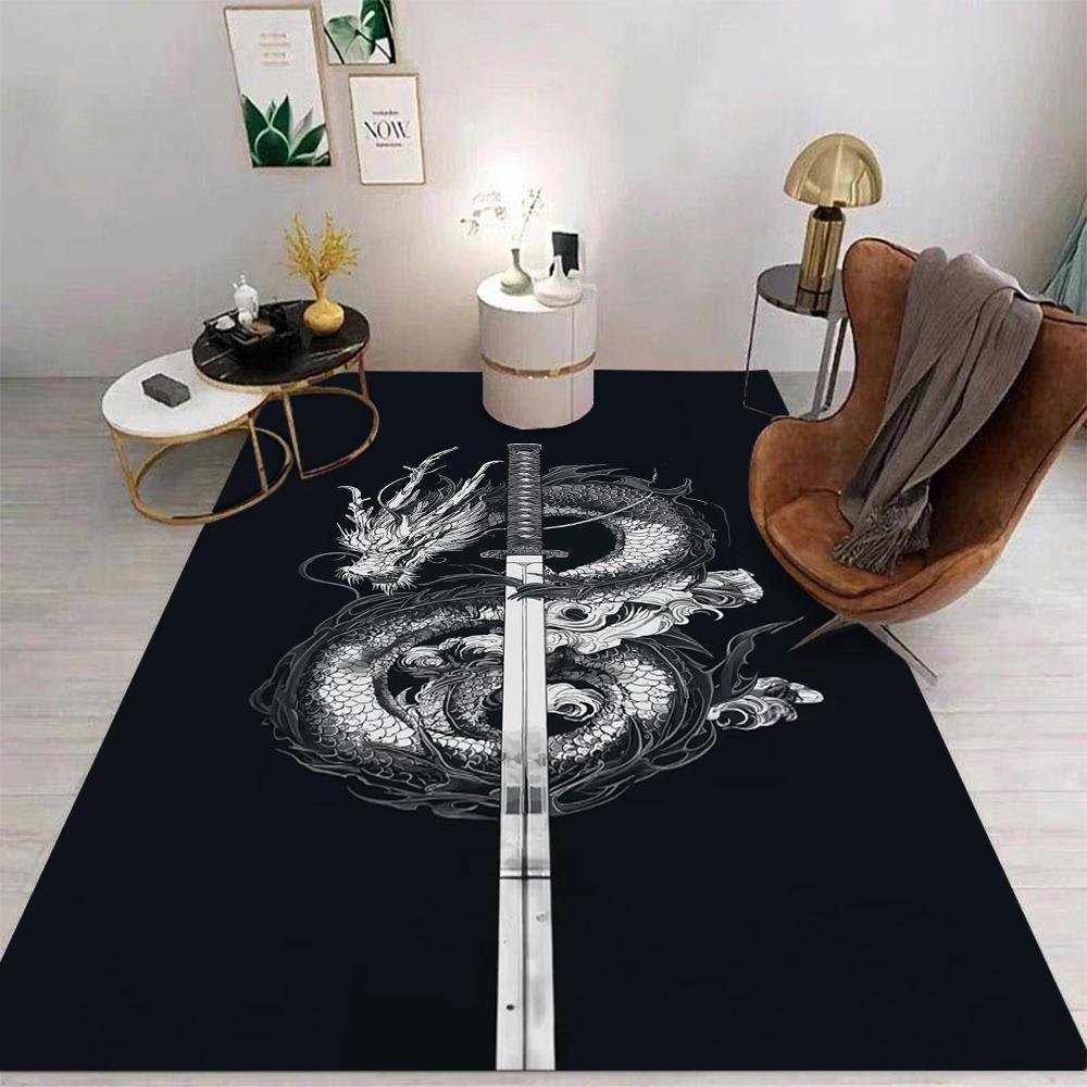 Chinese Dragon Pattern Floor Mat Various Styles With Dragons In Ink Style Yin Yang And Samurai Sword Scenes Rug For Home Decor