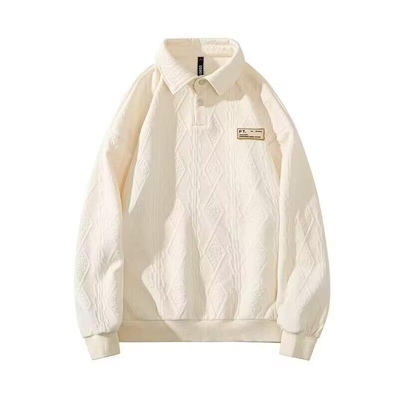 Men's Casual Loose Long Sleeve Polo Hoodie - Trendy Spring/Autumn Lapel Jacquard Top for Couples