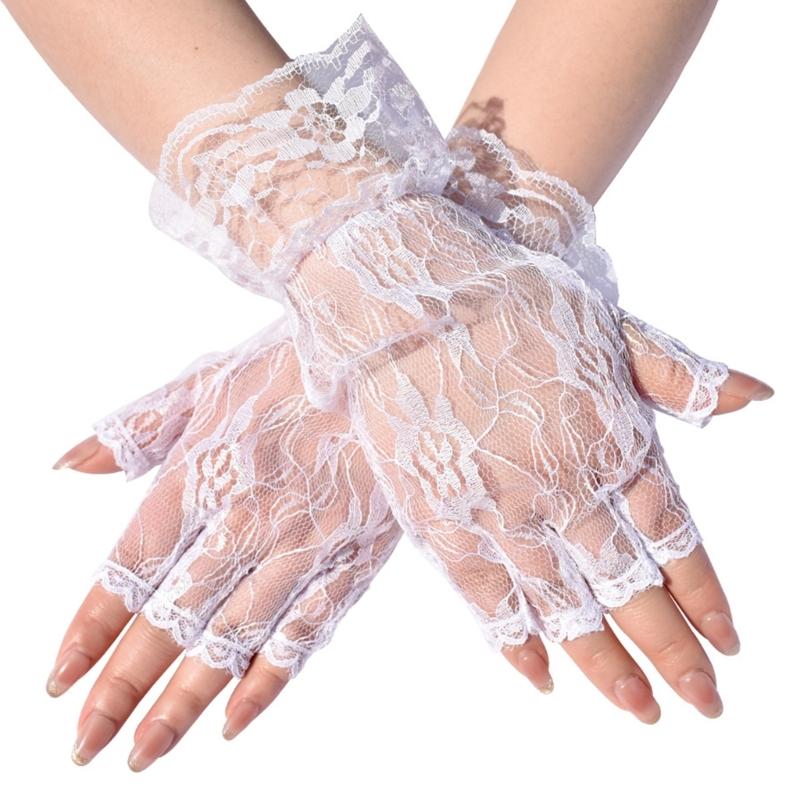 

Breathable Half Finger Bridal Gloves with Lace Flower Pattern Wedding Ceremony Formal Occasion Handwear for Bride белый