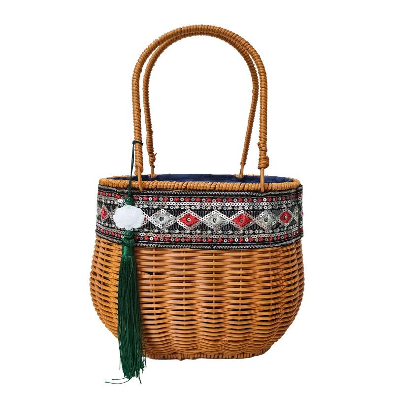 2025 Women Retro Handmade Rattan Basket Fashion Embroidery Imitation Wicker Handbags Causal Woven Box Bag Lady Party Beach Bag