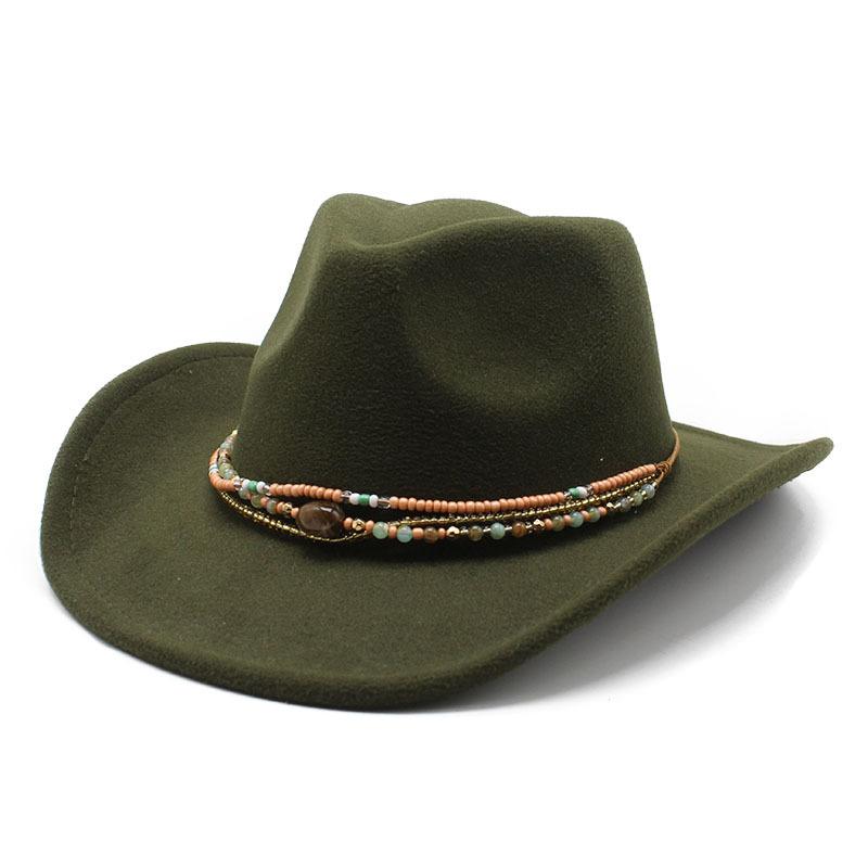 Curled Cowboy Hat Western Ethnic Style Tibetan Felt Hat Colored Bead Rope Accessories Knight Hat Tide