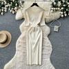 Solid O-neck Knitted Sweater Dress for Women Summer Autumn Short-Sleeve Single-Breasted Tie-Waist Slimming Elegant Bodycon Dress