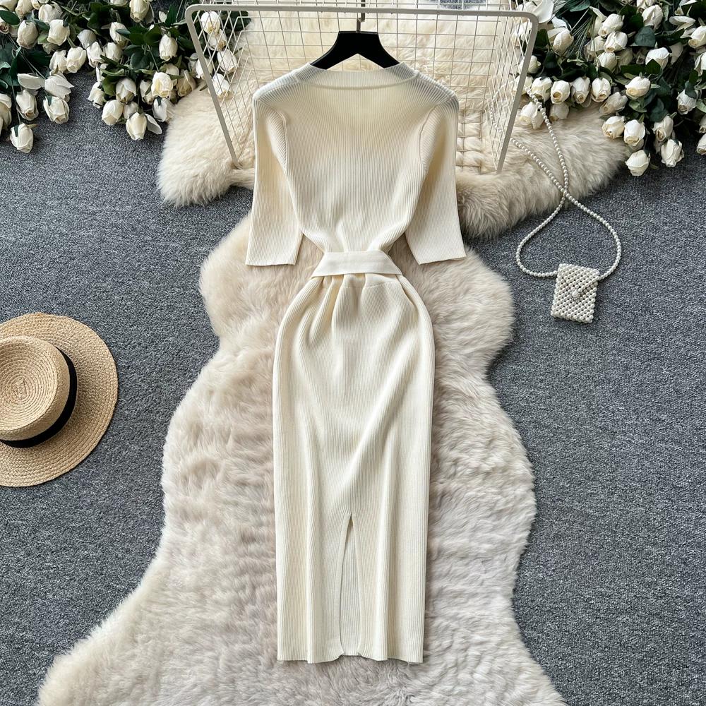 Solid O-neck Knitted Sweater Dress for Women Summer Autumn Short-Sleeve Single-Breasted Tie-Waist Slimming Elegant Bodycon Dress