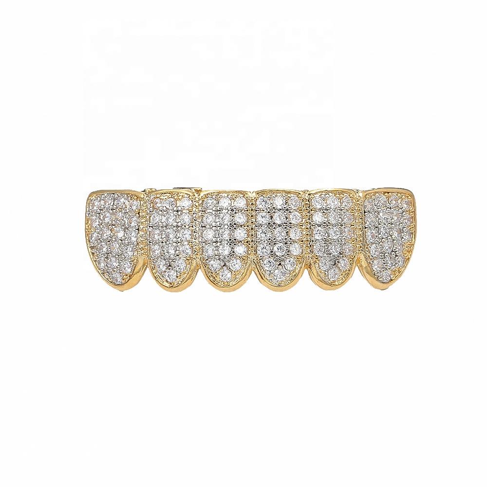Ice Out Hip Hop Gold Teeth Jewelry Grillz Mouth Teeth Caps Top & Bottom Diamond Zircon Tooth Set Mens Women Vampire