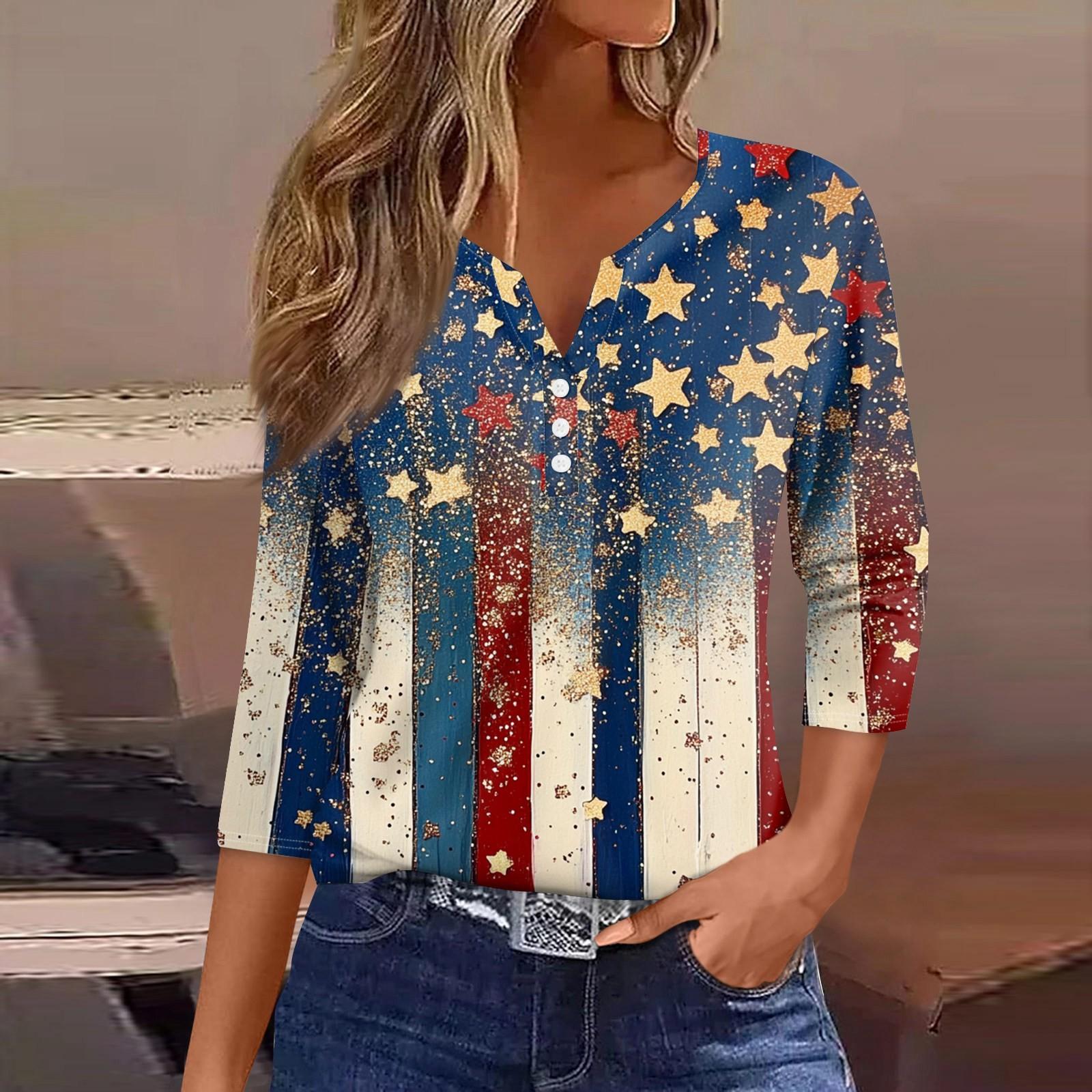 

Женская футболка с принтом «День независимости» на пуговицах, рукав 3/4, туника, повседневная мода на выходные, базовый топ с V-образным вырезом S синий