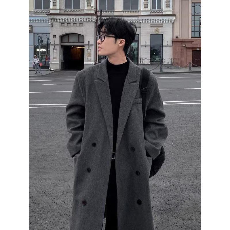 Men's Mid-Length Korean Style Wool Trench Coat - Autumn/Winter, Thickened, Over-the-Knee, Loose Fit