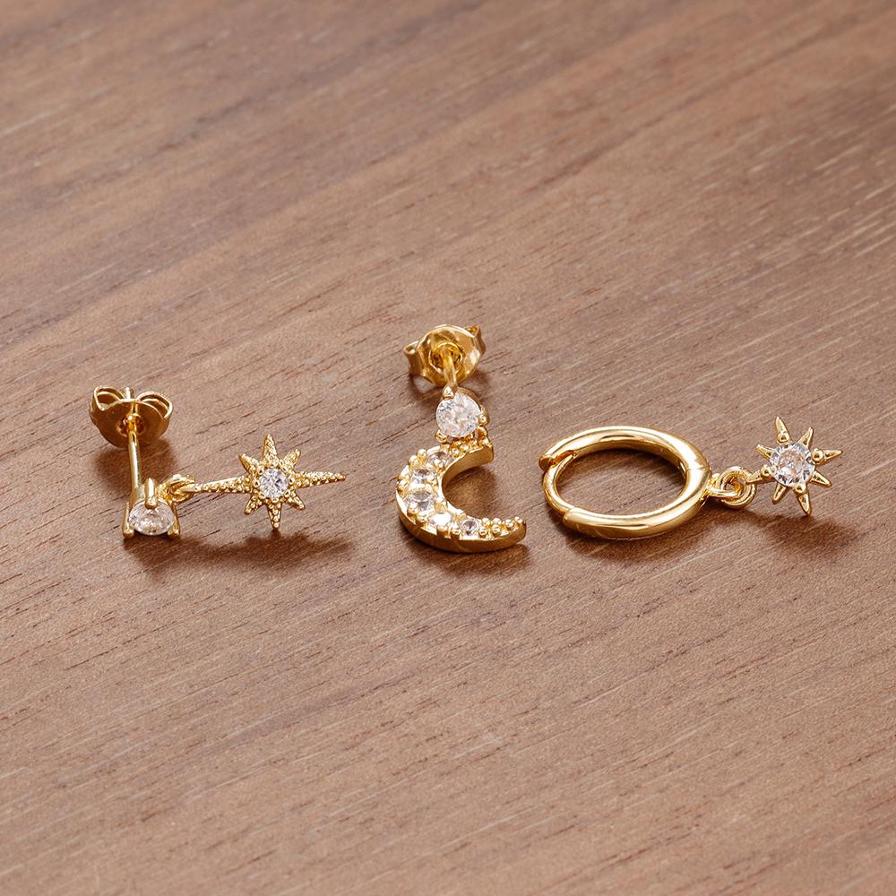 3PCS New Design Stainless Steel CZ Zircon Star Moon Stud Earring Set For Women Punk Unisex Rock Earring Statement Jewelry aretes