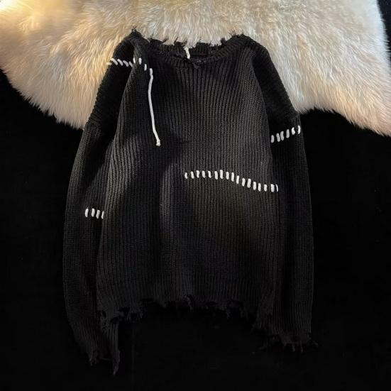 Men Fall Winter Sweater Ripped Tassel Solid Color Fringe Round Neck Knitted Mid Length Loose Long Sleeve Soft Warm Pullover Men Sweater