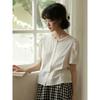 Summer Women Ruffle Trim Round Neck Short Sleeve Button Down White
