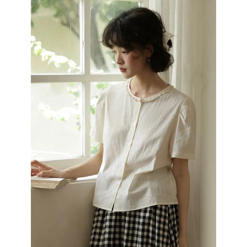 Summer Women Ruffle Trim Round Neck Short Sleeve Button Down White S абрикосовый