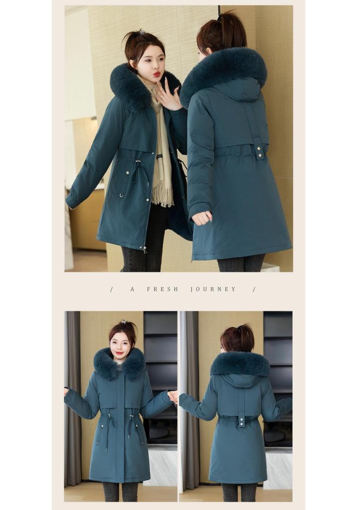 Women's 2026 Winter Mid-Length Velvet Parka with Large Fur Collar - Slimming Korean Style Cotton Jacket