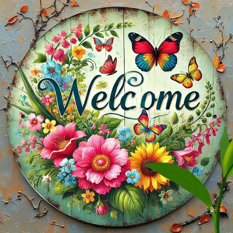 D pc Rostiges Eisen Rundes Metallschild xin Frühling Schmetterling Willkommen Wanddekor HD D Flachdruck für Schlafzimmer Home Office