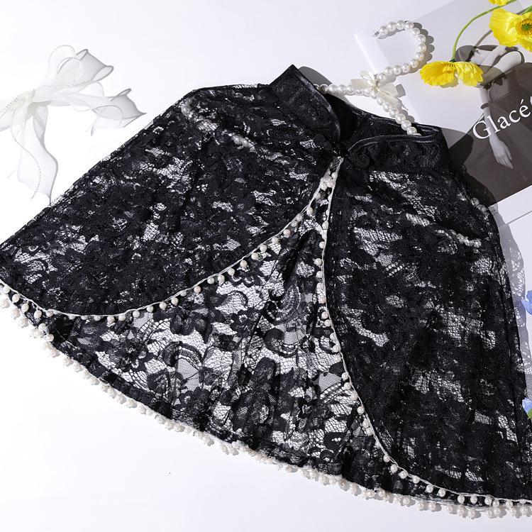 Chinese Mandarin Collar Floral Lace Cape Shrug Pearl Trim Short Bolero Wrap For Wedding Cheongsam Evening Prom Dress