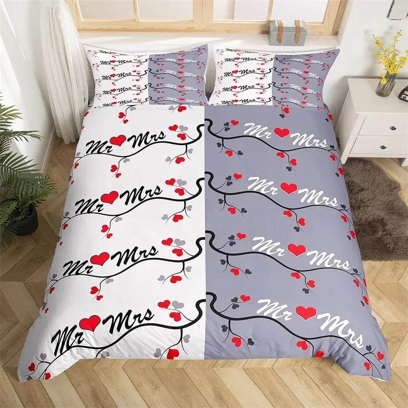 Set Biancheria da Letto Mr Mrs Microfibra Romantico Tema Matrimonio Set Copripiumino King Per San Valentino Citazioni Divertenti Cuore d'Amore Copripiumino
