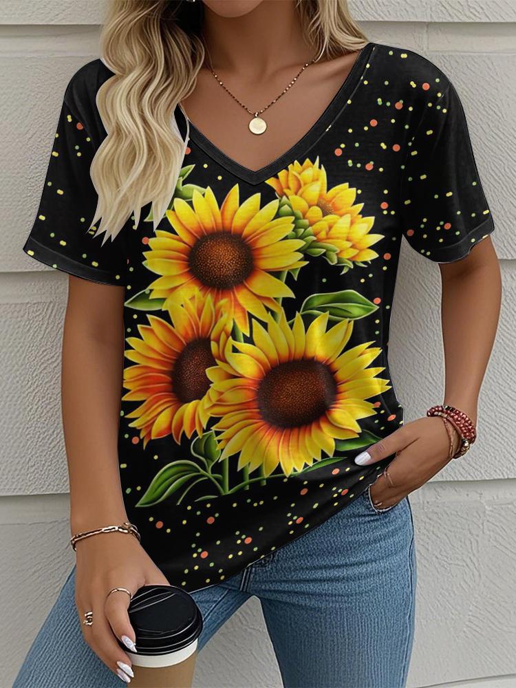 Flower Floral Painting 3D Print T-Shirts Women's V-Neck Short Sleeve T Shirt Y2K Oversized Tees Harajuku Tops Female Clothing