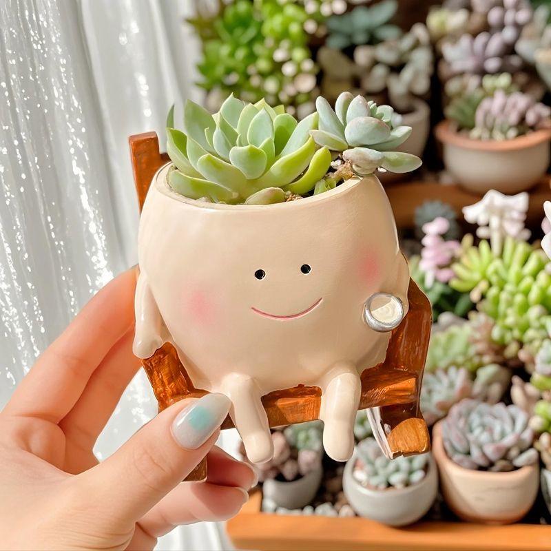 1PC Cute Ceramic Succulent Pot – Smiling Rocking Chair Style Mini Planter for Home Garden Decor
